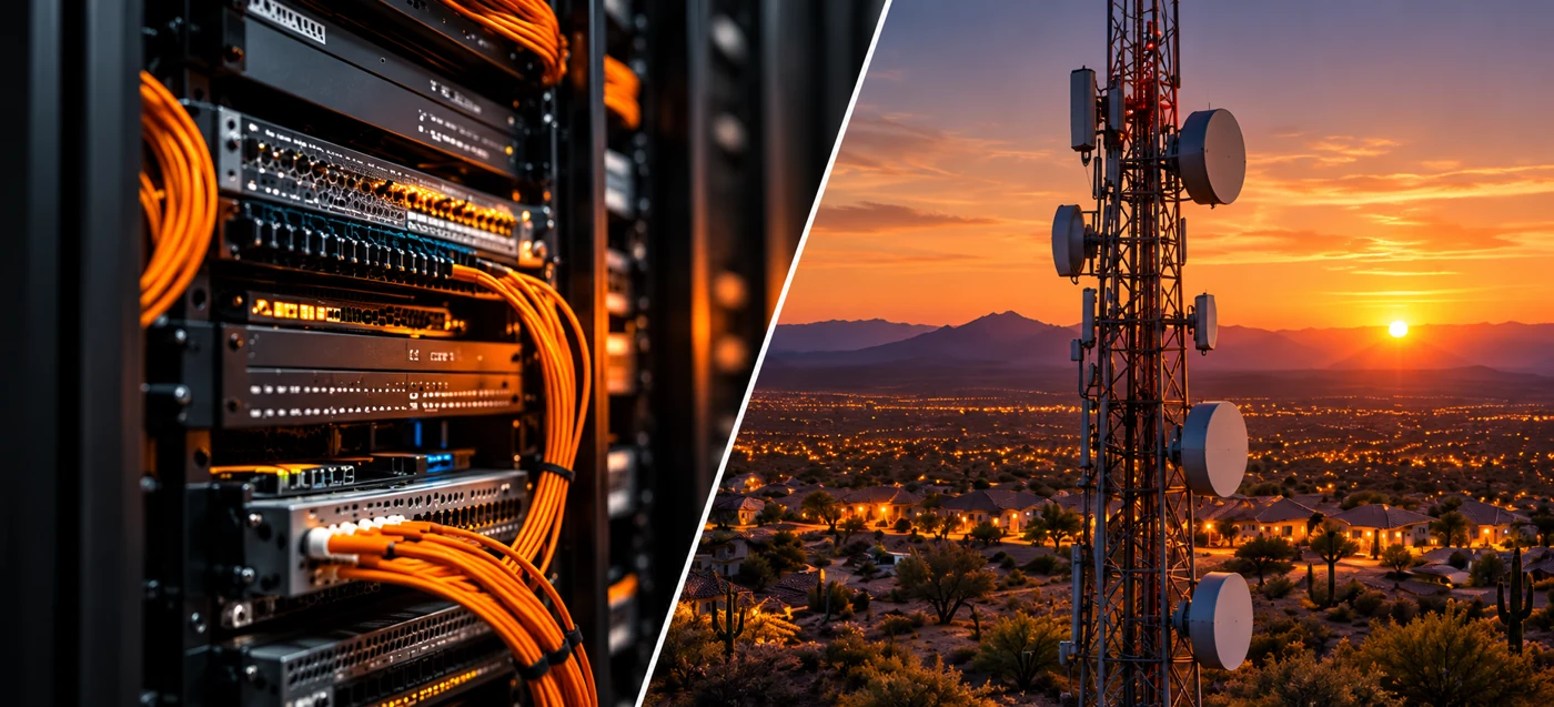 Orange network cabling in a server rack alongside an Arizona communications tower at sunset.