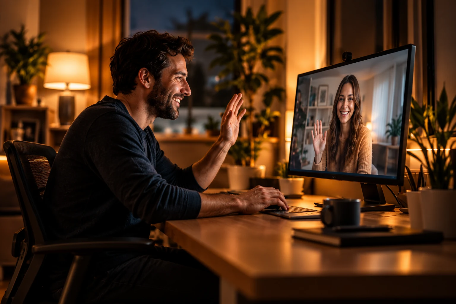 A man on a video call from a warmly lit home office.